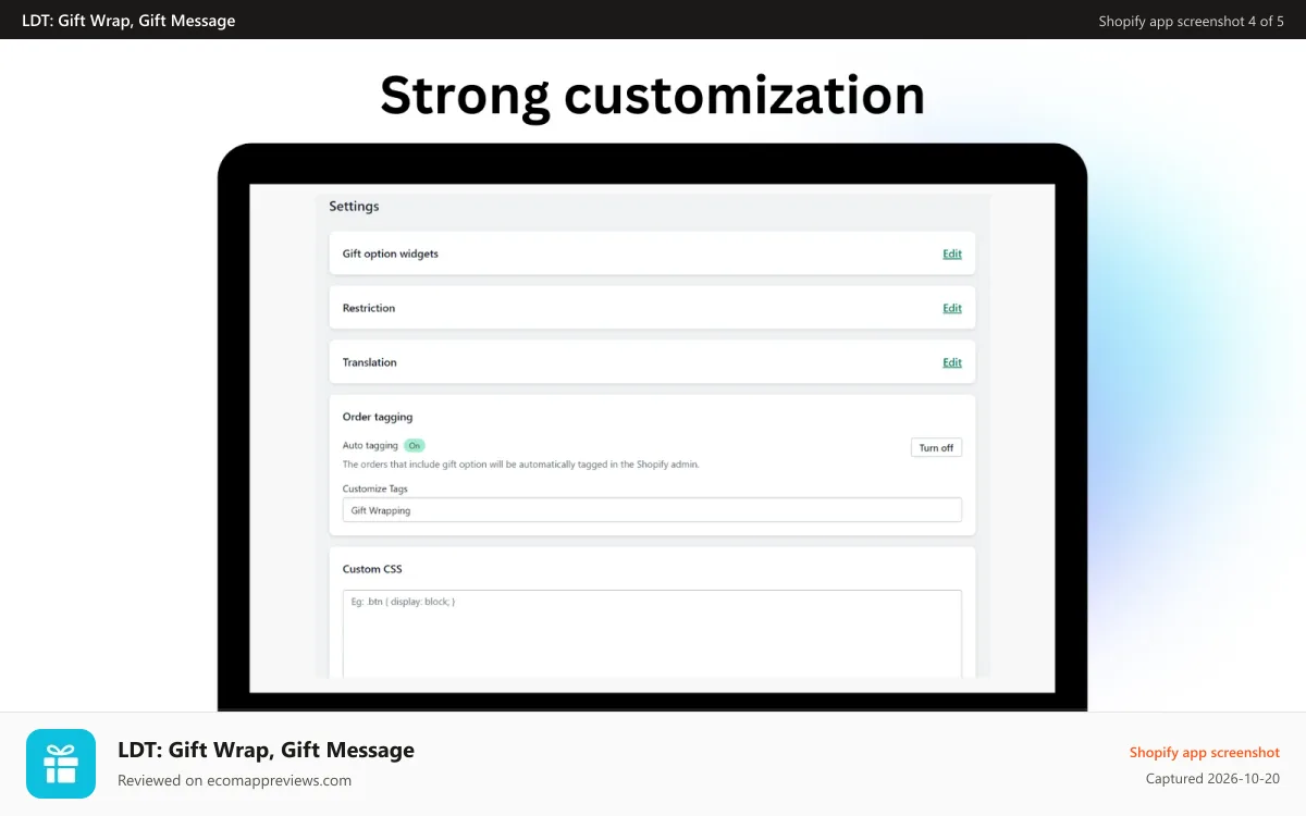 LDT: Gift Wrap, Gift Message Shopify app screenshot: Settings