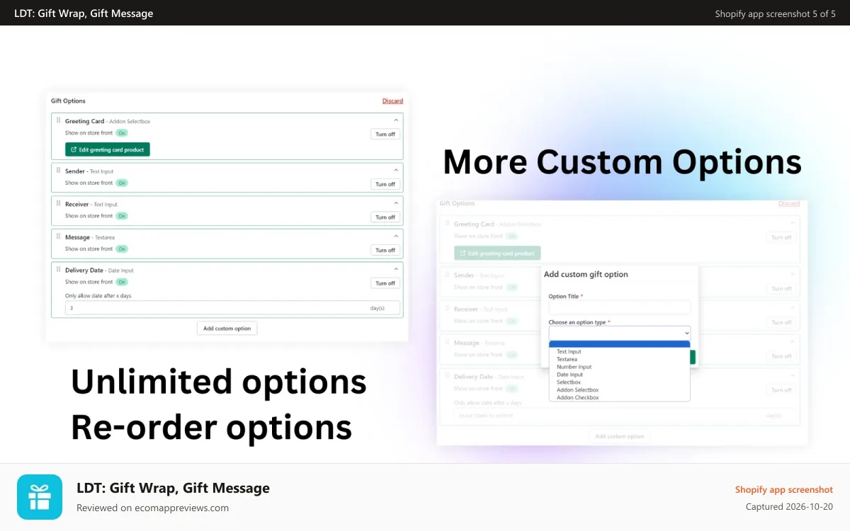 LDT: Gift Wrap, Gift Message Shopify app screenshot: Unlimited Gift Options