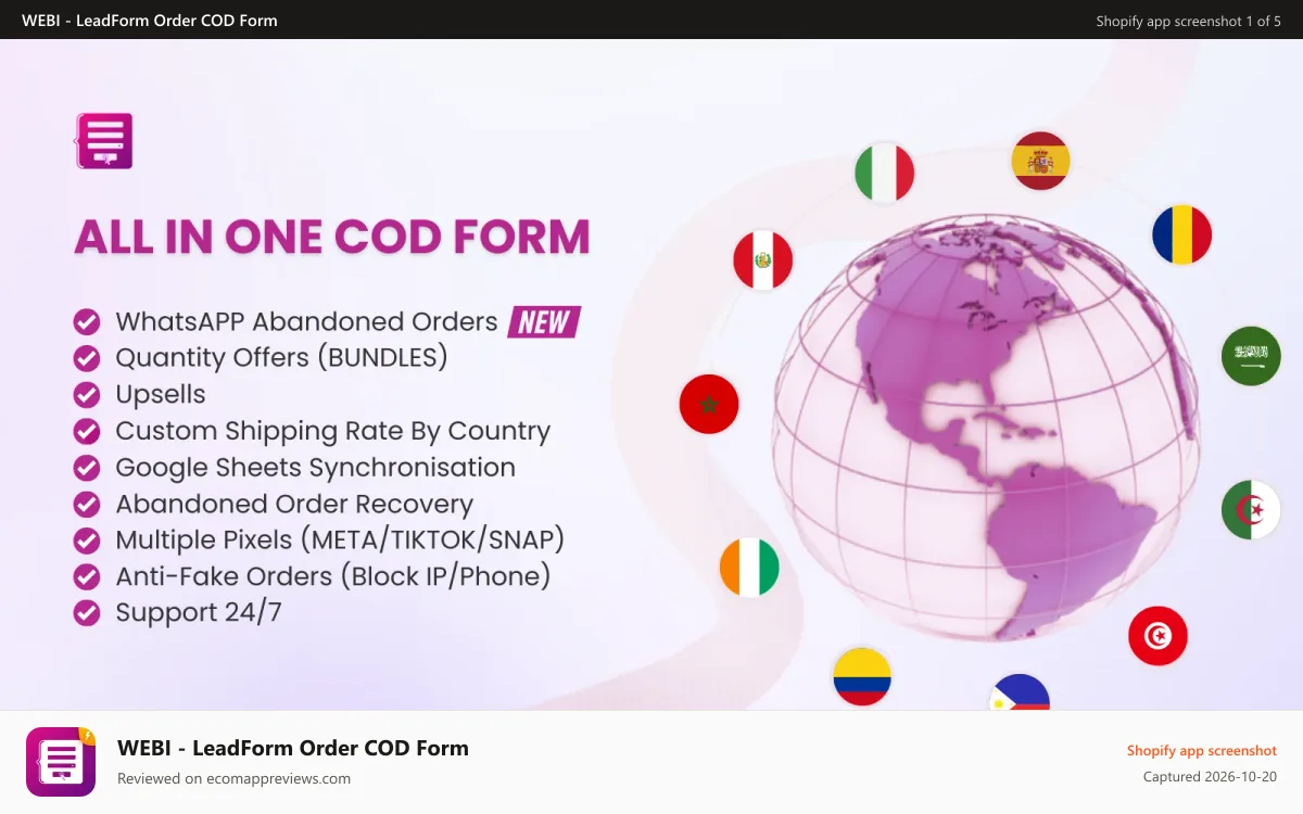WEBI ‑ LeadForm Order COD Form Shopify app screenshot: All in one cash on delivery Form COD Checkout