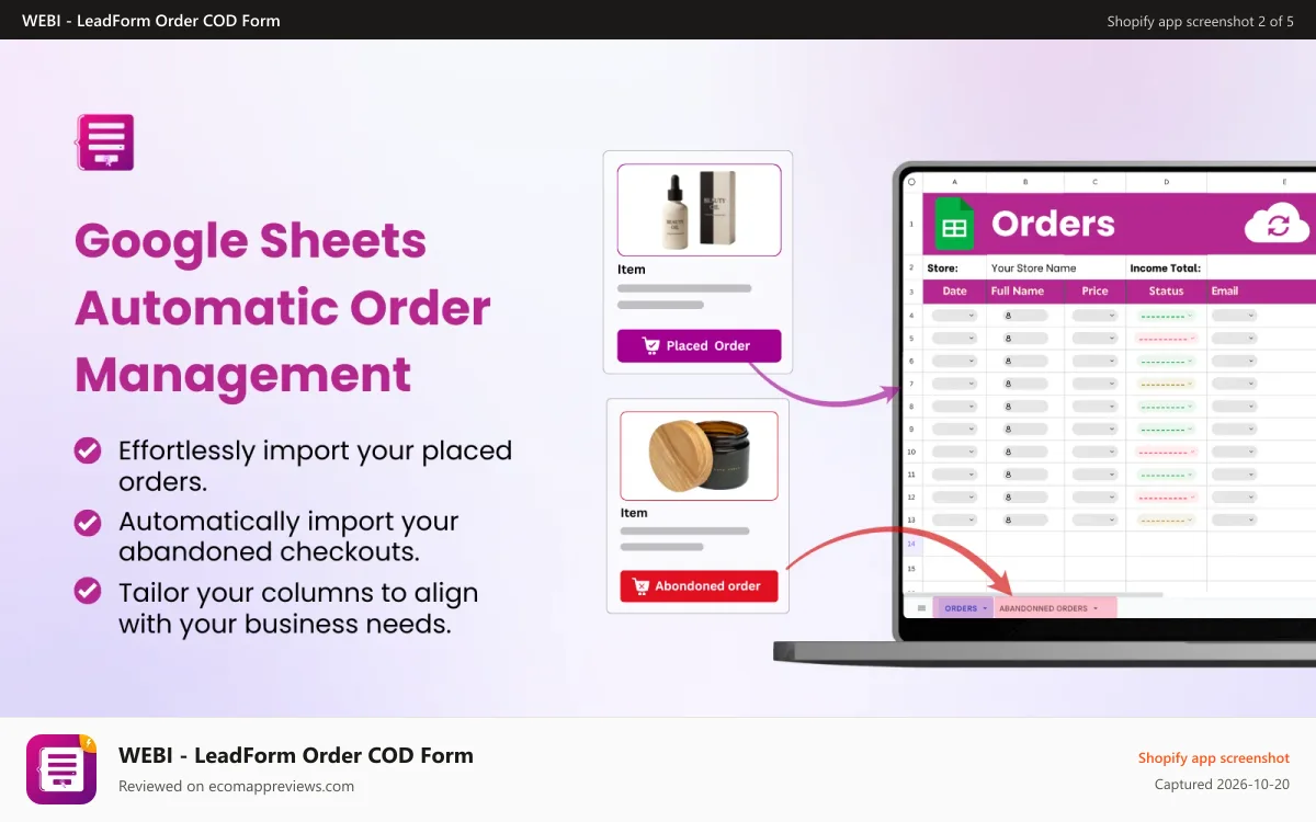 WEBI ‑ LeadForm Order COD Form Shopify app screenshot: Have a Google Sheet Linked to your Store in one click