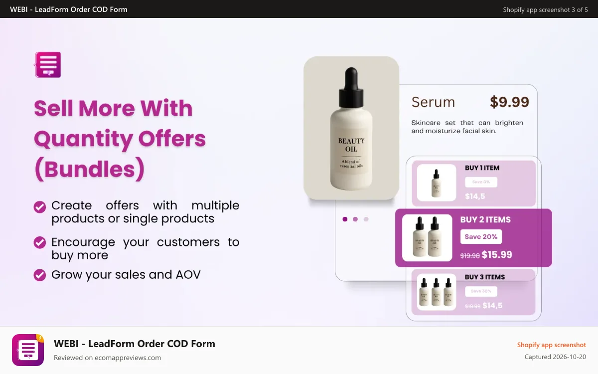 WEBI ‑ LeadForm Order COD Form Shopify app screenshot: Increase your AOV with our bundle features