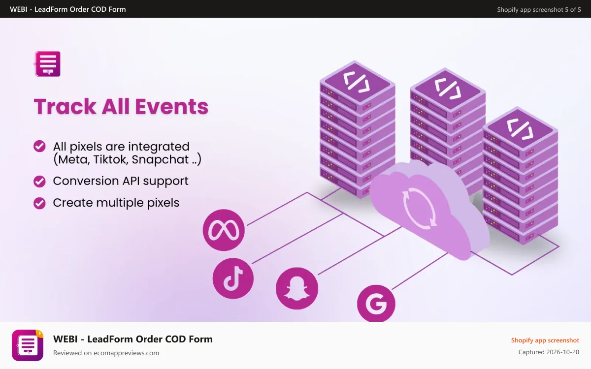 WEBI ‑ LeadForm Order COD Form Shopify app screenshot: Multiple pixels to track all events