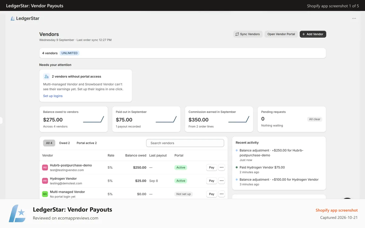 LedgerStar: Vendor Payouts Shopify app screenshot: Interface to sync vendors and edit commission splits.