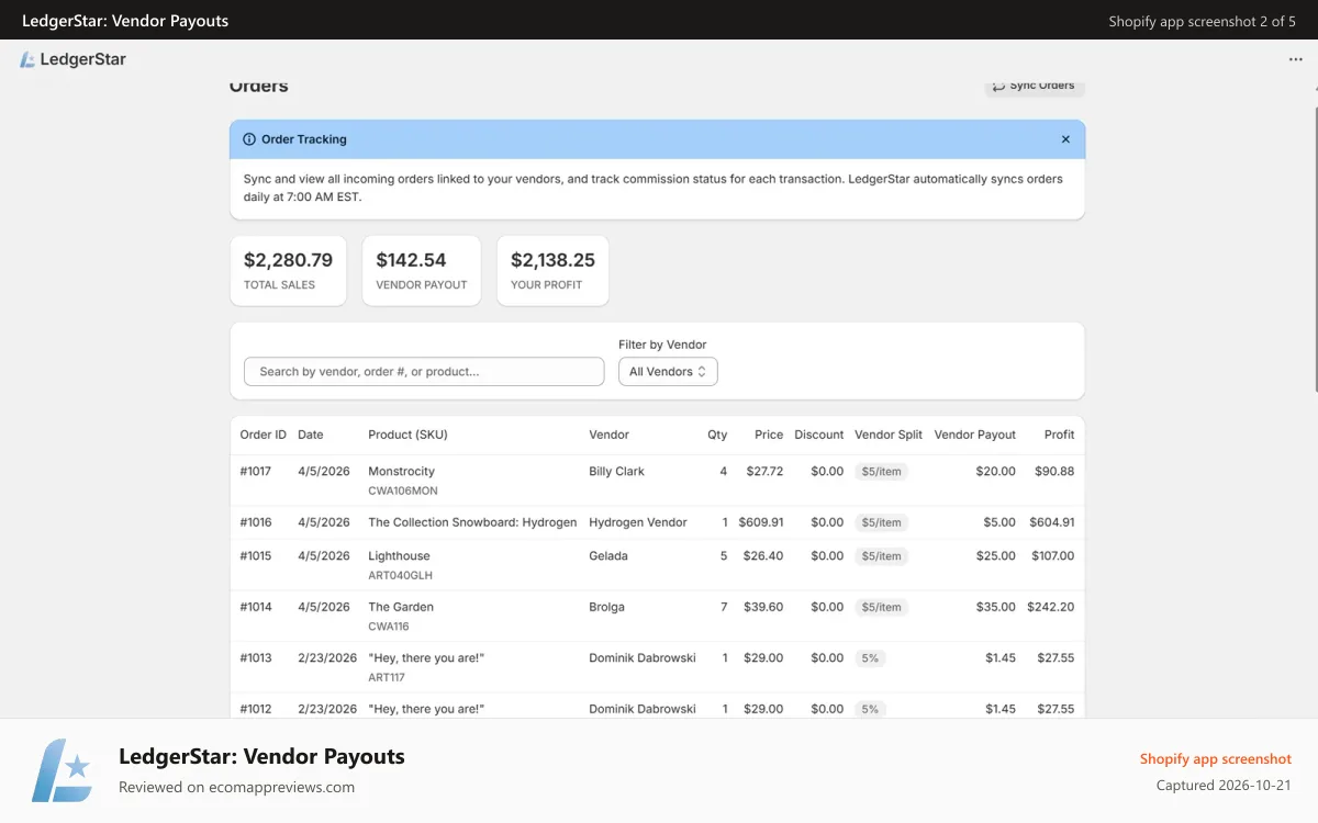 LedgerStar: Vendor Payouts Shopify app screenshot: Orders dashboard with sales totals, payouts, and profit stats. (