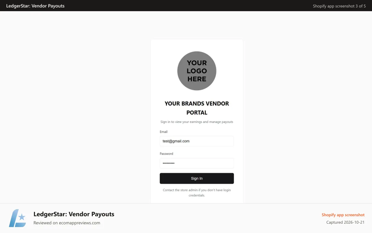 LedgerStar: Vendor Payouts Shopify app screenshot: Vendor Portal secure login page