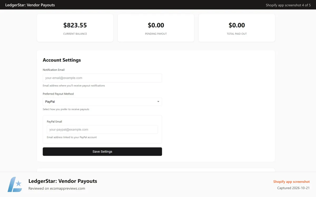 LedgerStar: Vendor Payouts Shopify app screenshot: Vendor dashboard showing balance, earnings, and invoice tools