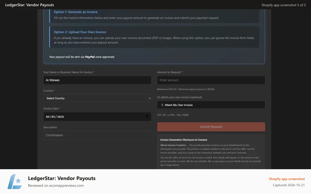 LedgerStar: Vendor Payouts Shopify app screenshot: Vendor portal saved invoices and vendors sales ledger