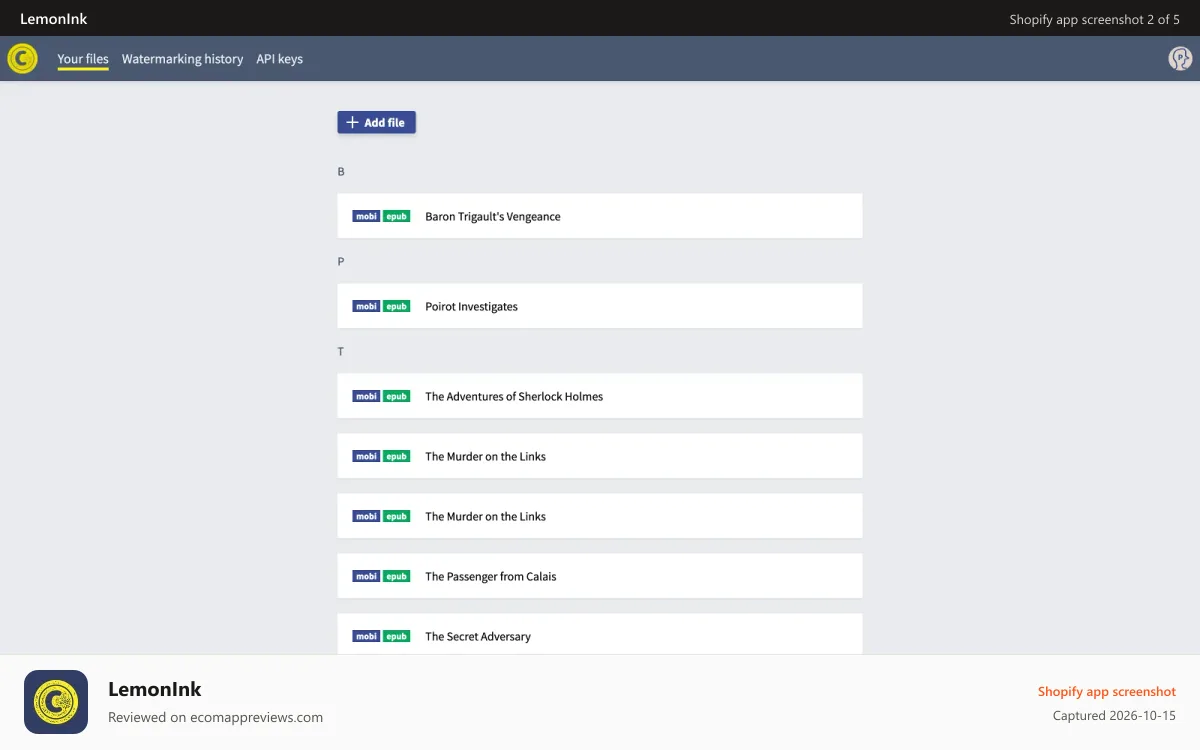 LemonInk Shopify app screenshot: Manage files in our repository