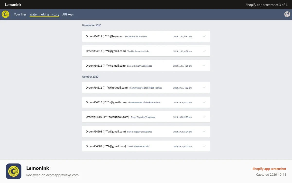 LemonInk Shopify app screenshot: Review order history