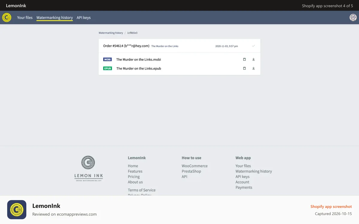 LemonInk Shopify app screenshot: Access individual download links