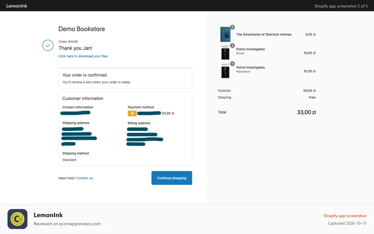 LemonInk Shopify app screenshot: Add download links to order details page