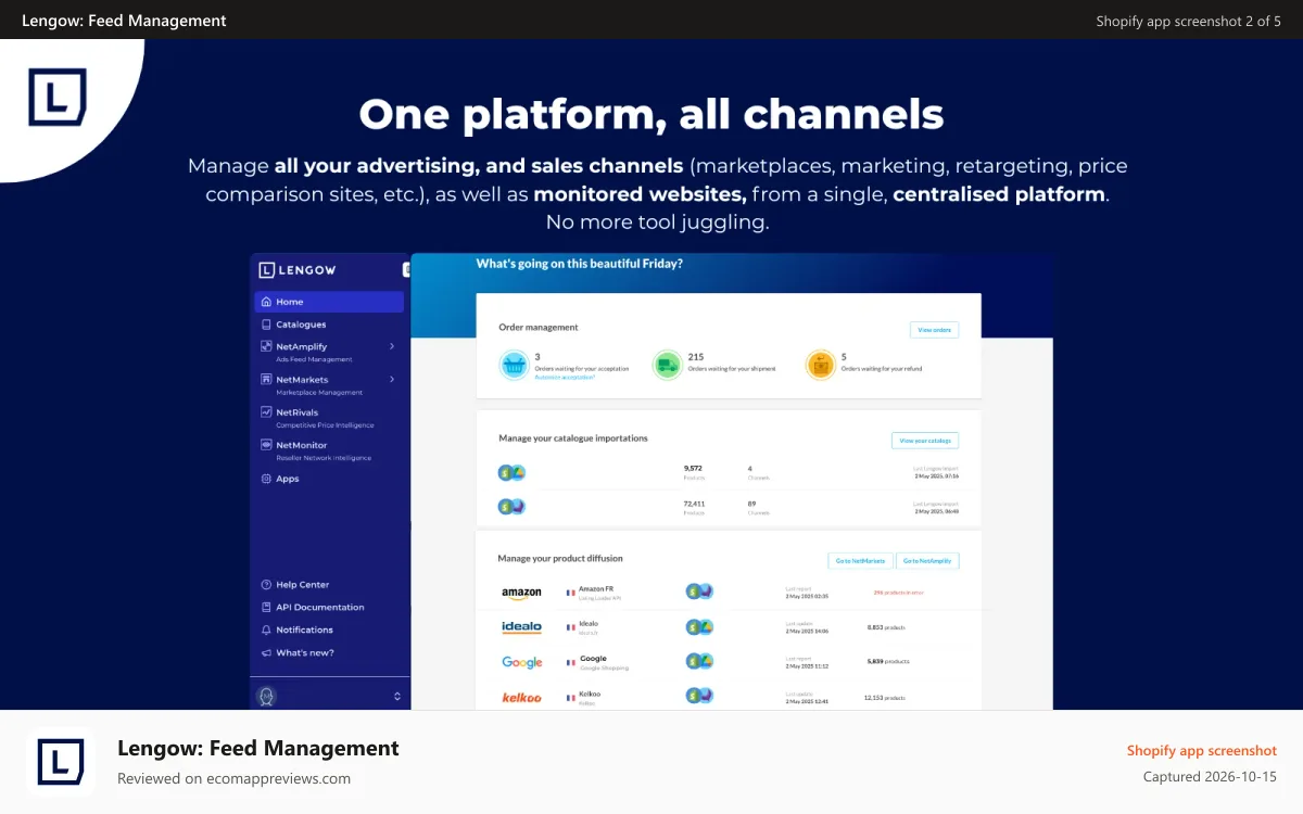 Lengow: Feed Management Shopify app screenshot: One platform, all channels