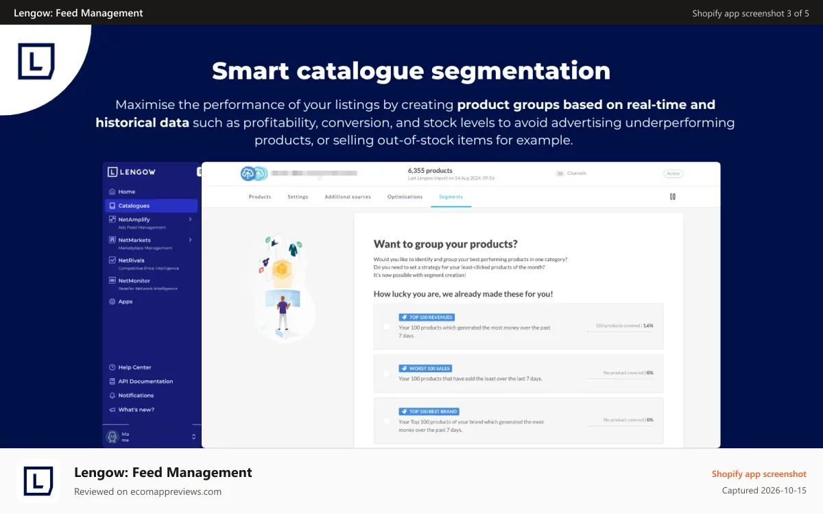 Lengow: Feed Management Shopify app screenshot: Smart catalogue segmentation