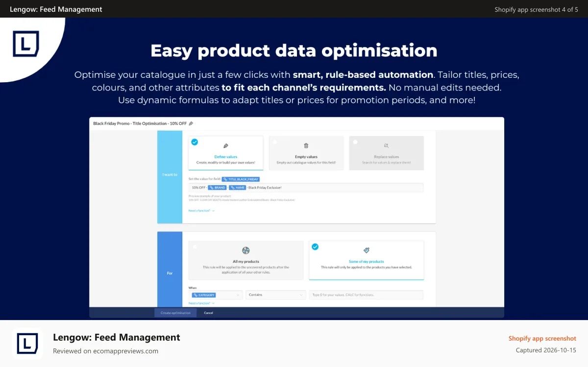 Lengow: Feed Management Shopify app screenshot: Easy product data optimisation