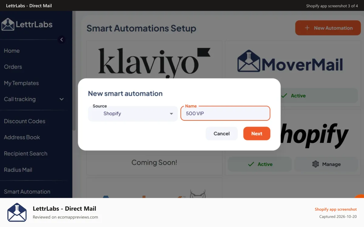 LettrLabs ‑ Direct Mail Shopify app screenshot: New Shopify Smart Automation