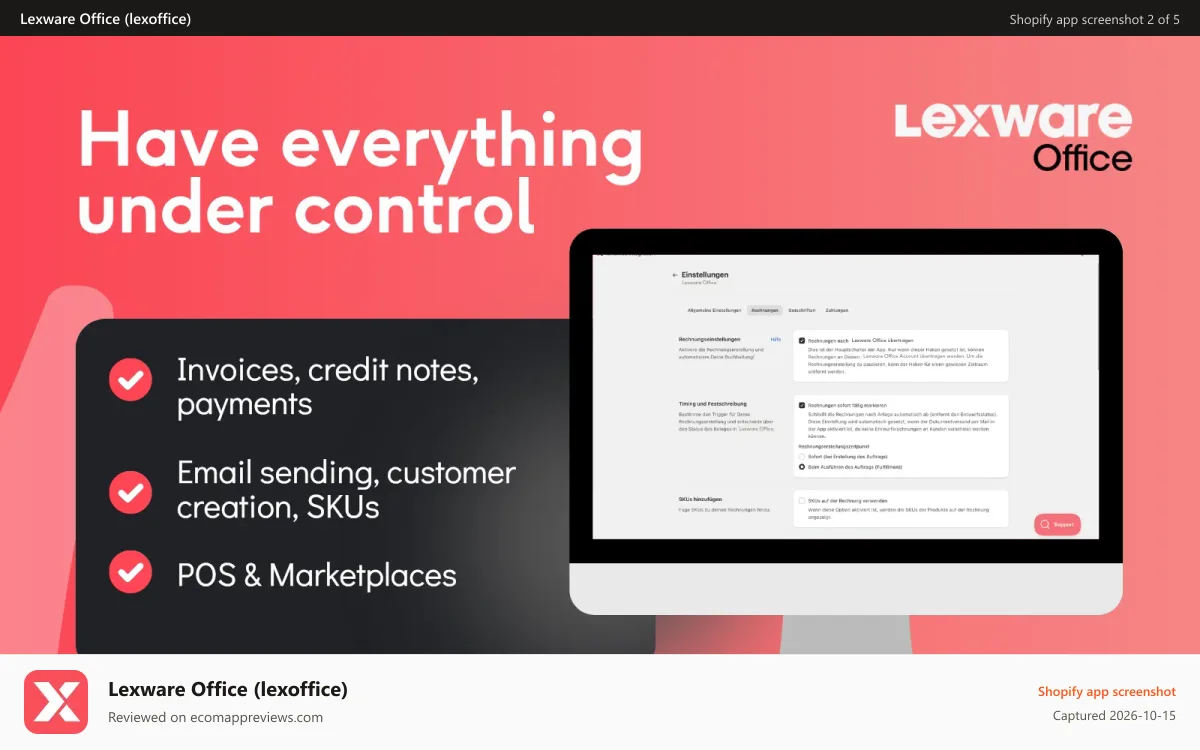 Lexware Office (lexoffice) Shopify app screenshot: lexware office integration shopify settings