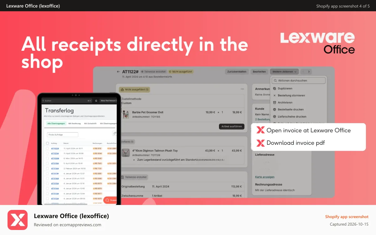 Lexware Office (lexoffice) Shopify app screenshot: lexware office integration shopify download invoices