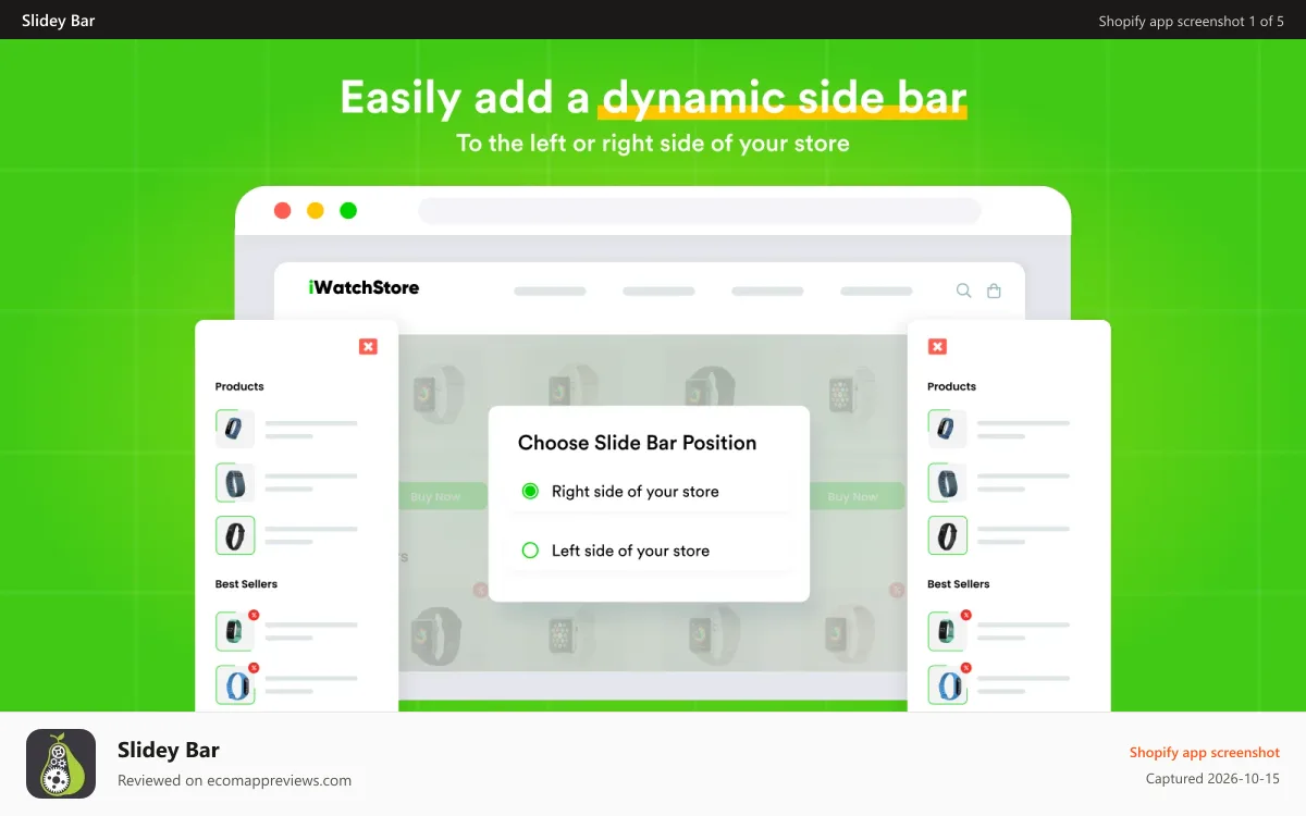 Slidey Bar Shopify app screenshot: Sidebar alignment on the left or right side of the store