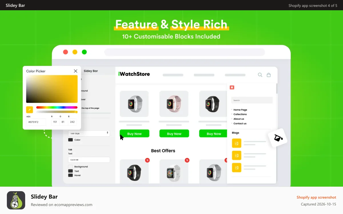 Slidey Bar Shopify app screenshot: Lots of custom blocks included