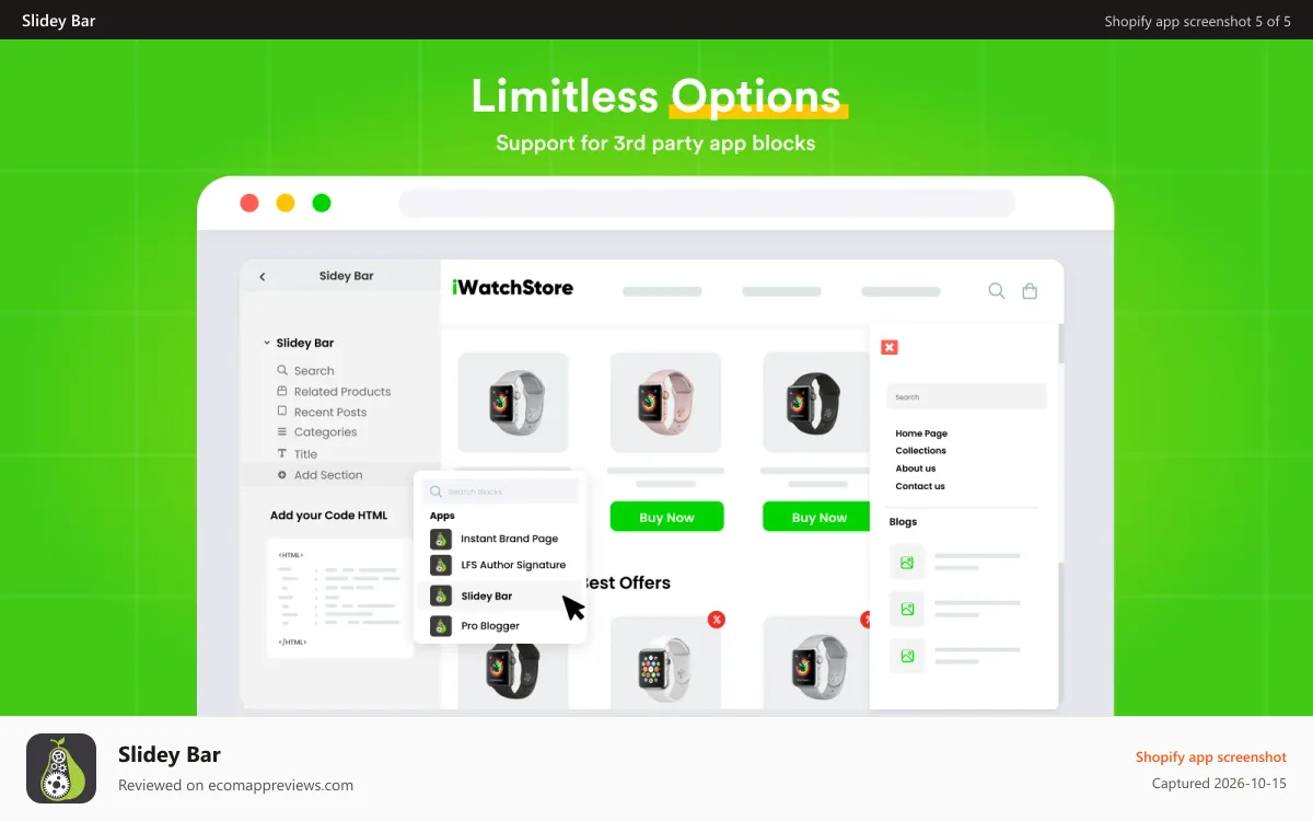 Slidey Bar Shopify app screenshot: Support for 3rd party app blocks