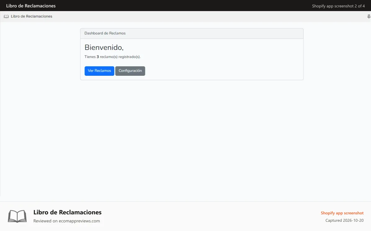 Libro de Reclamaciones Shopify app screenshot: Dashboard