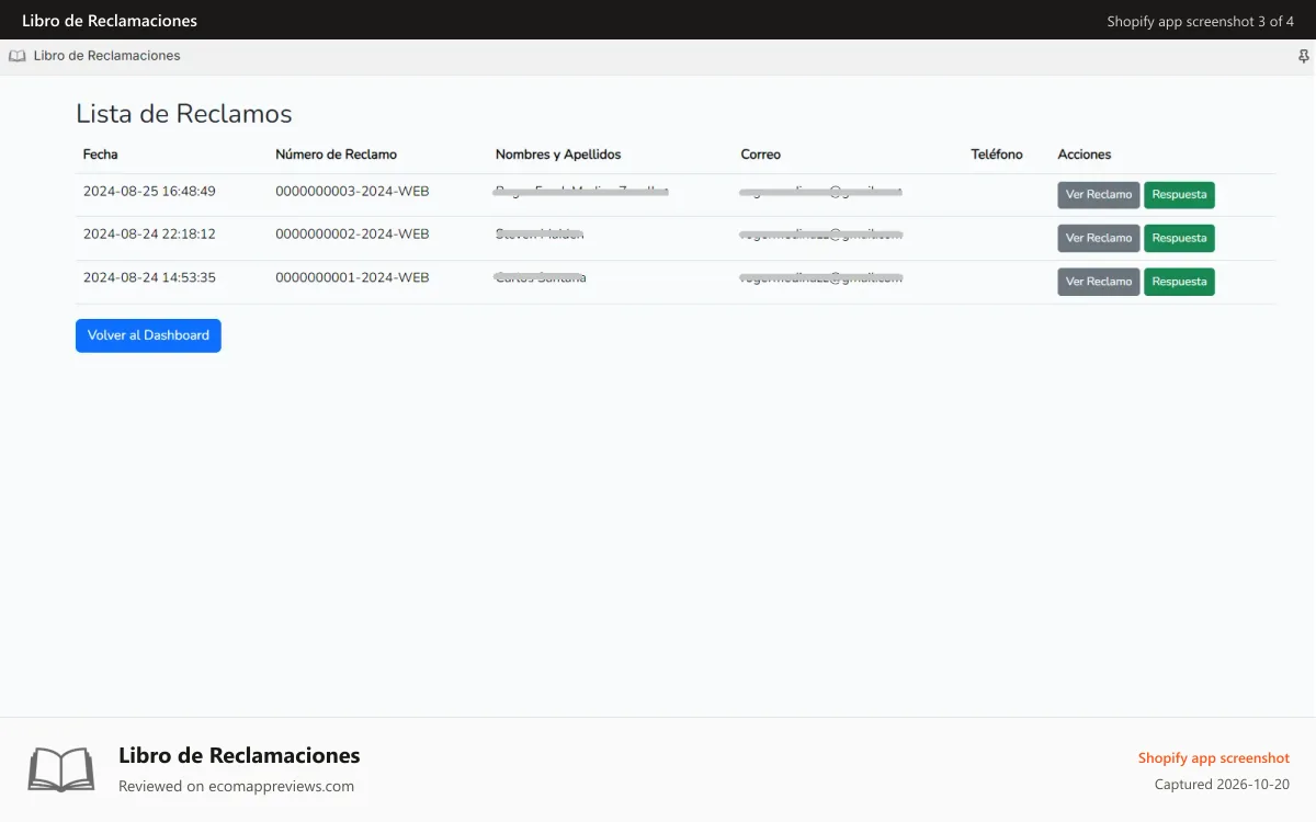 Libro de Reclamaciones Shopify app screenshot: Lista de reclamos