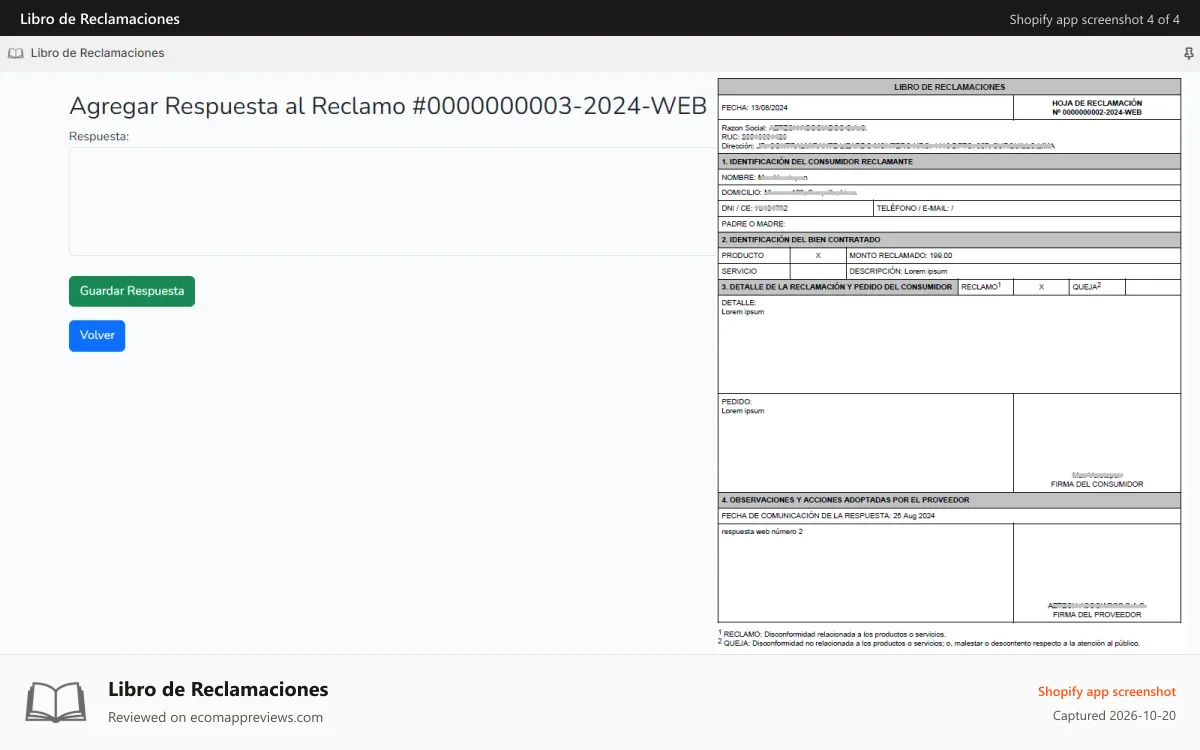 Libro de Reclamaciones Shopify app screenshot: Respuesta al reclamo