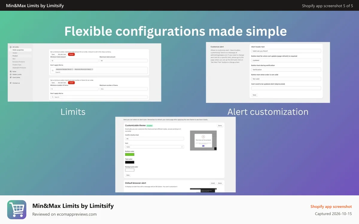 Min&Max Limits by Limitsify Shopify app screenshot: App screenshots
