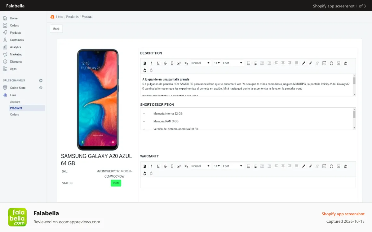 Falabella Shopify app screenshot: Fix your products according to Falabella requirements is easy