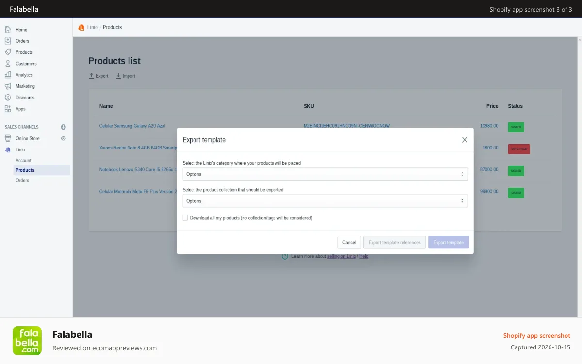 Falabella Shopify app screenshot: Export your data when needed