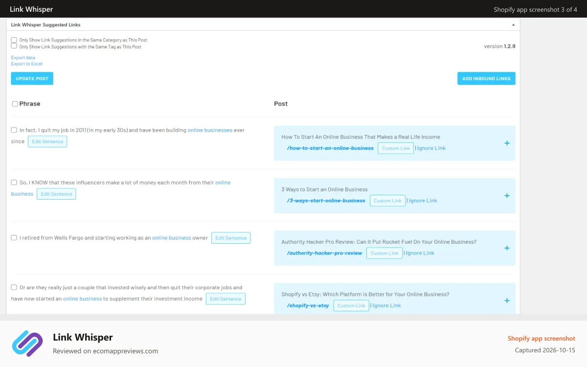 Link Whisper Shopify app screenshot: Add Internal Links While You Write