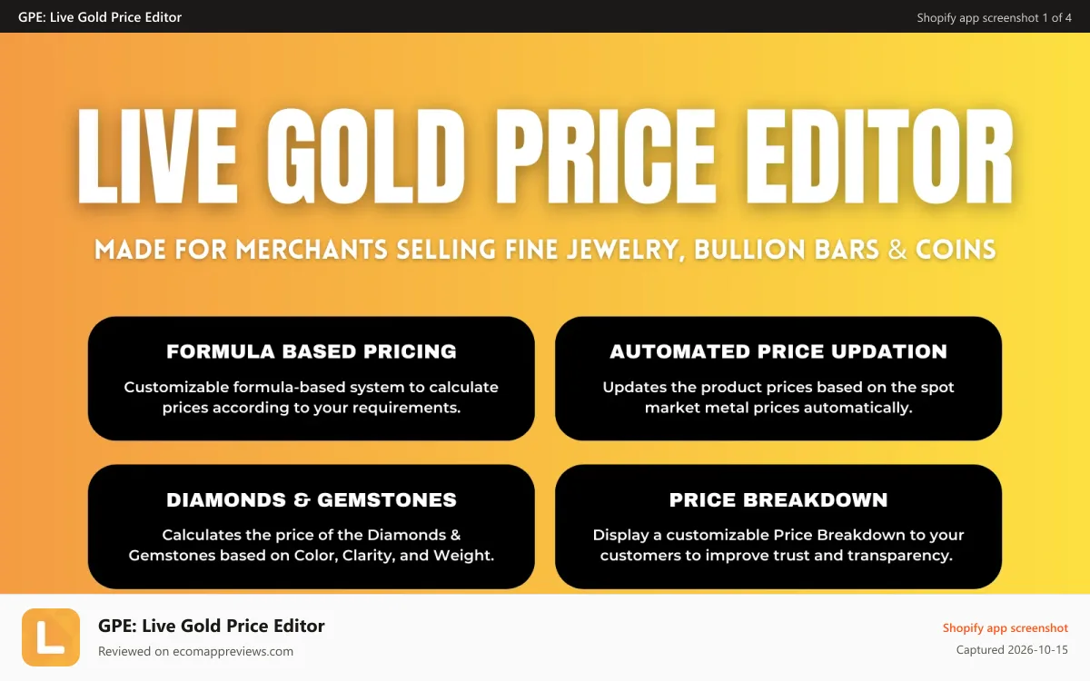 GPE: Live Gold Price Editor Shopify app screenshot: Live Gold Price Editor | Link metal prices to product prices.