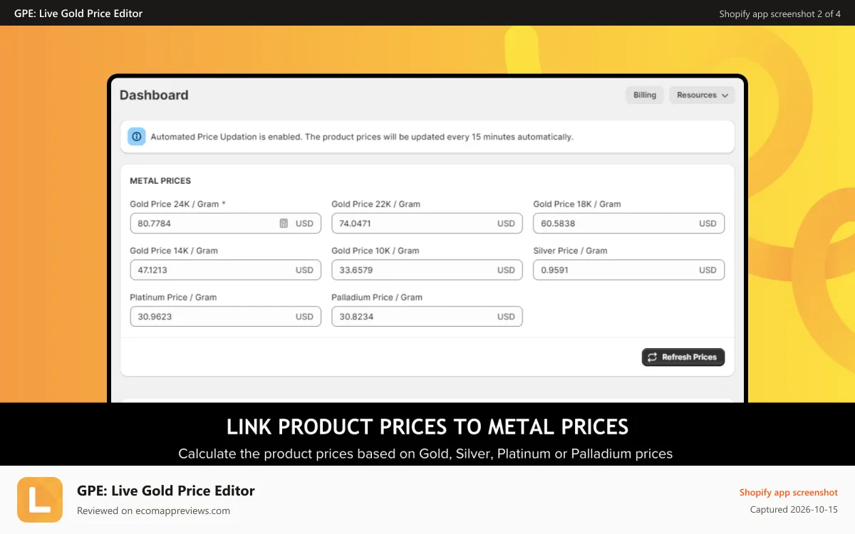 GPE: Live Gold Price Editor Shopify app screenshot: Calculate product prices based Gold, Silver and Platinum prices.