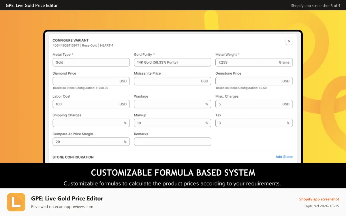 GPE: Live Gold Price Editor Shopify app screenshot: Customize the formula according to your requirements.