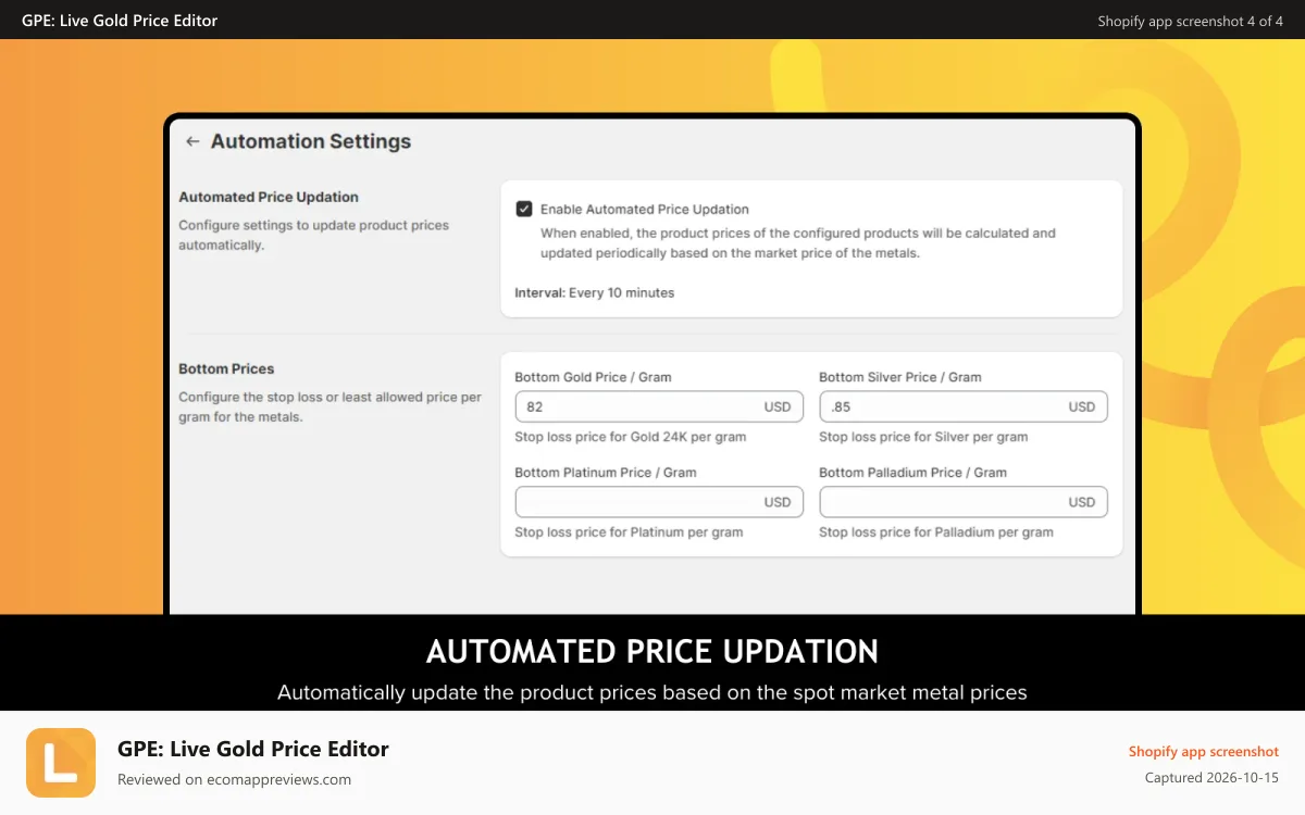 GPE: Live Gold Price Editor Shopify app screenshot: Automatically update product prices based on the market prices.