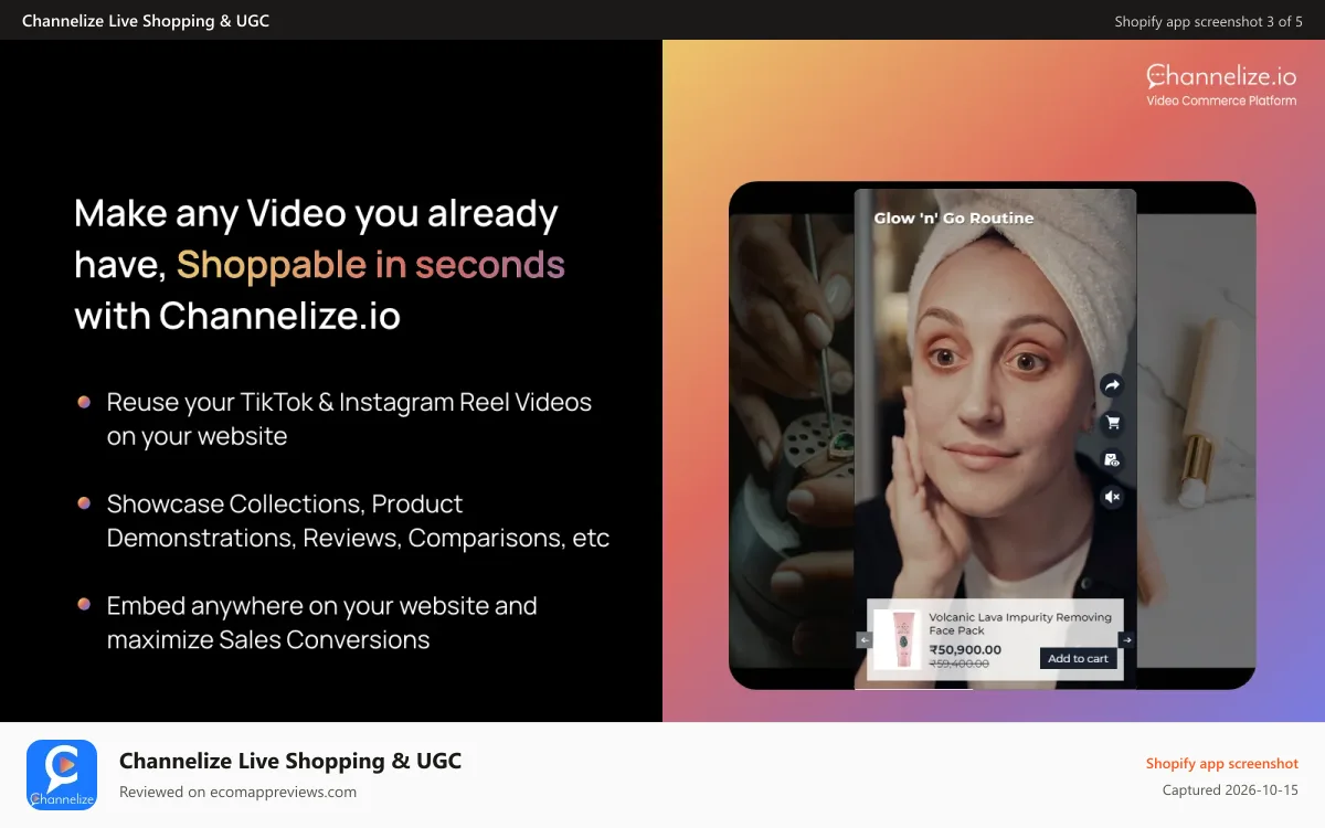 Channelize Live Shopping & UGC Shopify app screenshot: Embed Shoppable Videos anywhere on your website & engage buyers