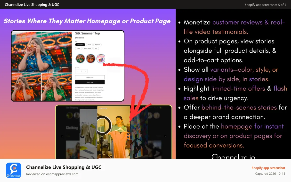 Channelize Live Shopping & UGC Shopify app screenshot: Stories Where They Matter Homepage or Product Page