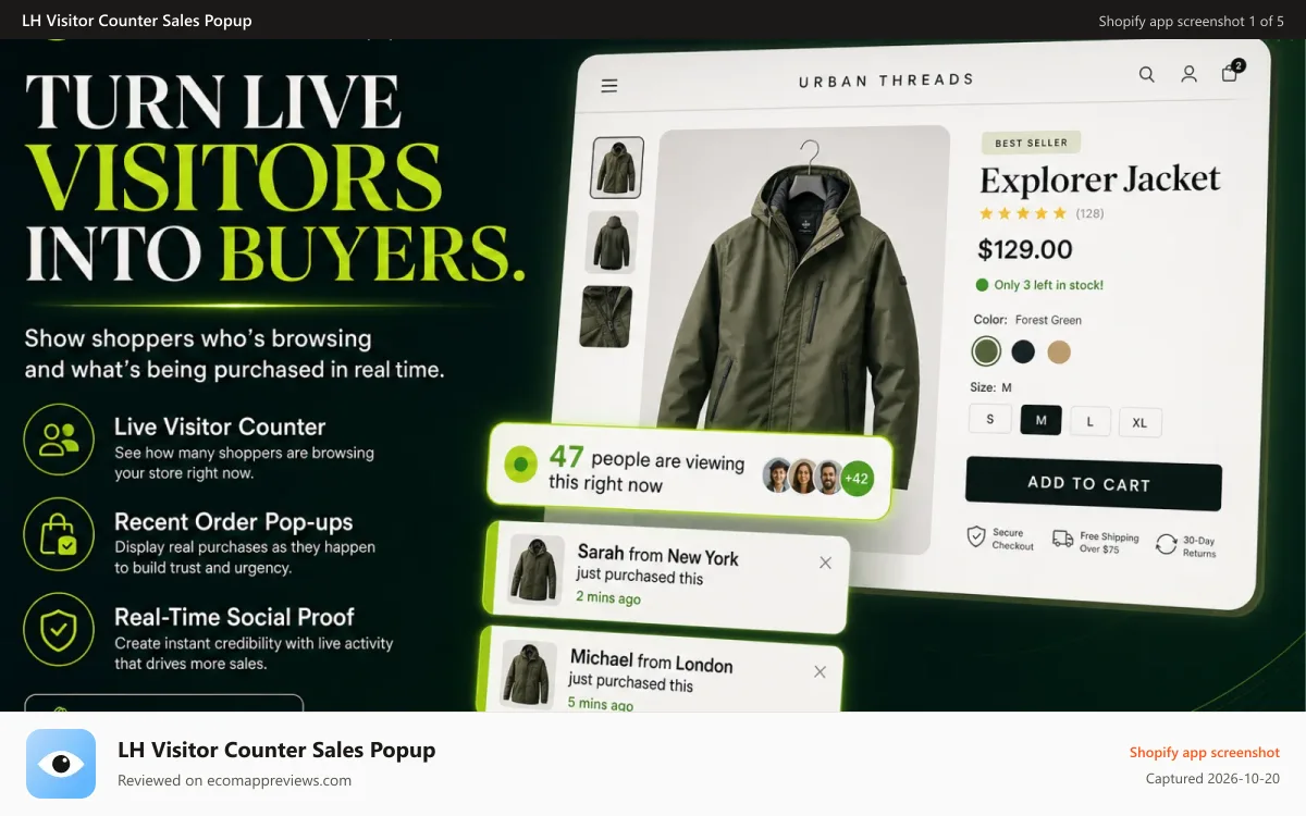 LH Visitor Counter Sales Popup Shopify app screenshot: live product views counter shopify app image