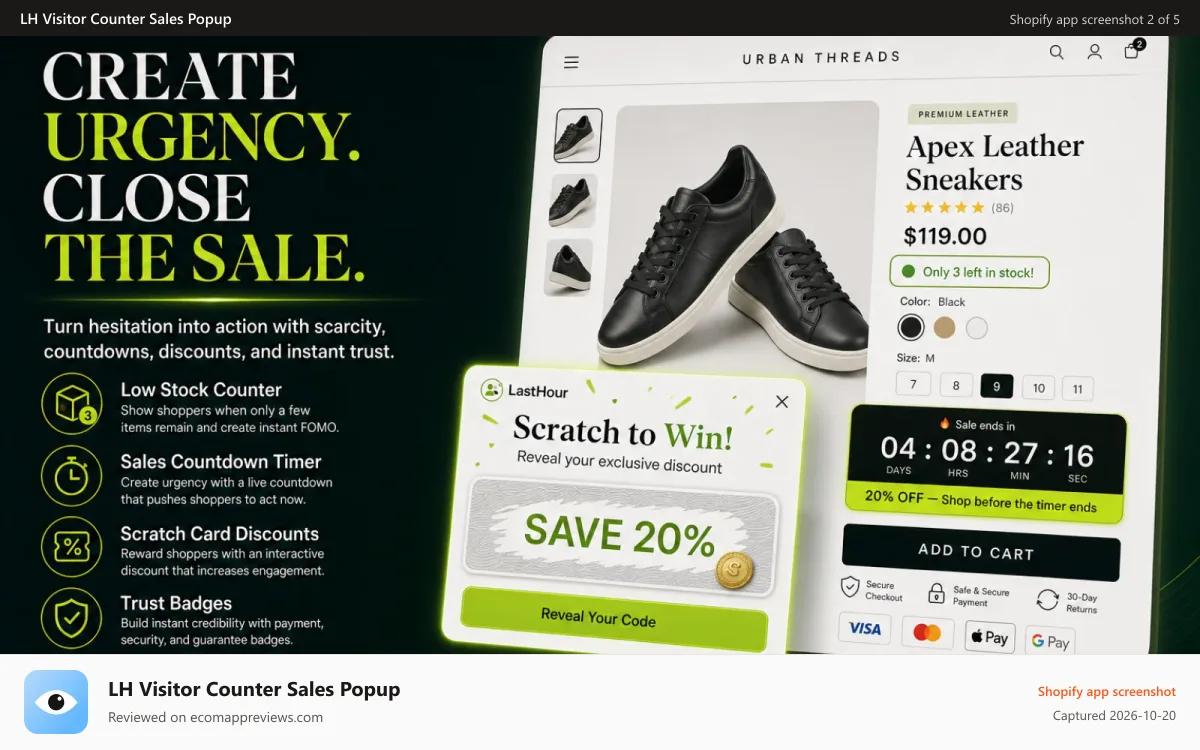 LH Visitor Counter Sales Popup Shopify app screenshot: lasthour live visitor counter shopify app