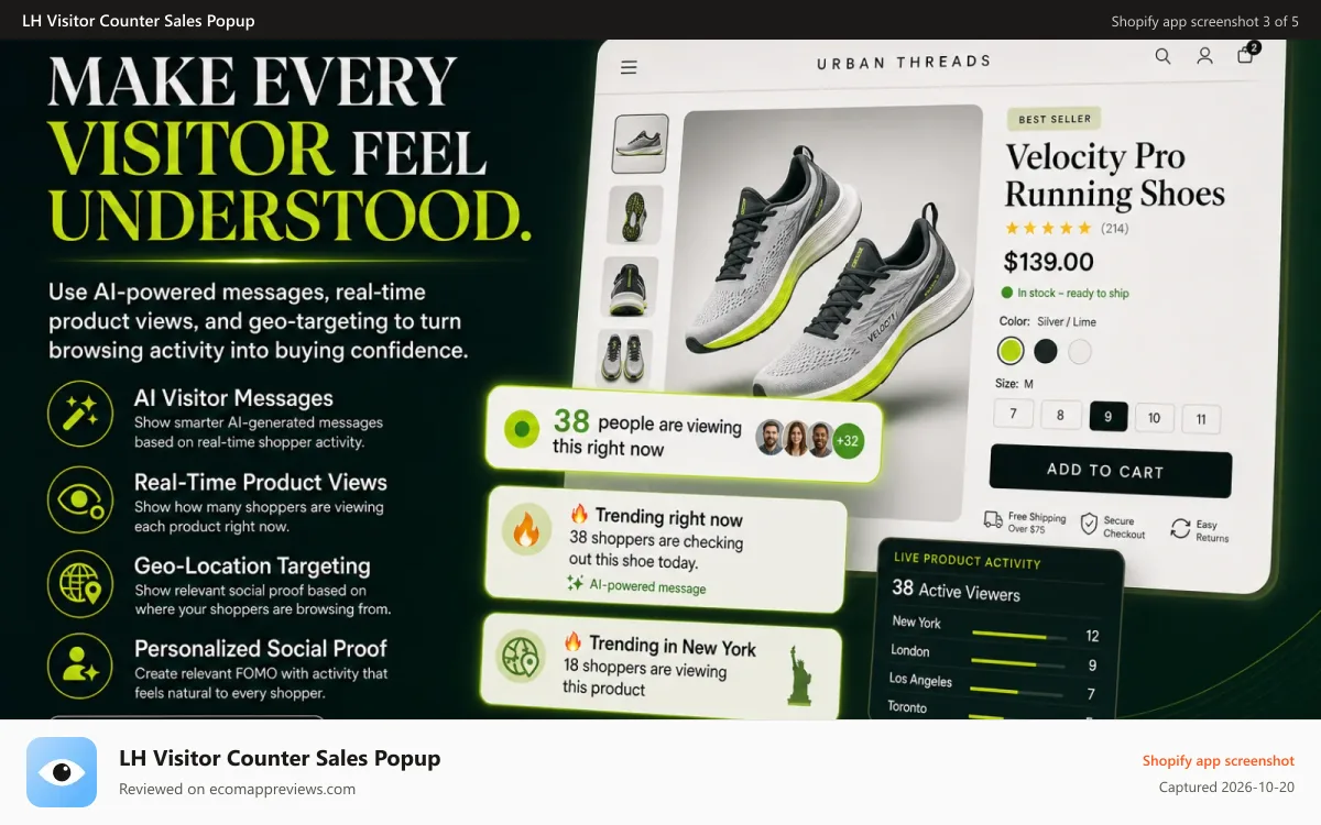 LH Visitor Counter Sales Popup Shopify app screenshot: visitor counter customization and themes