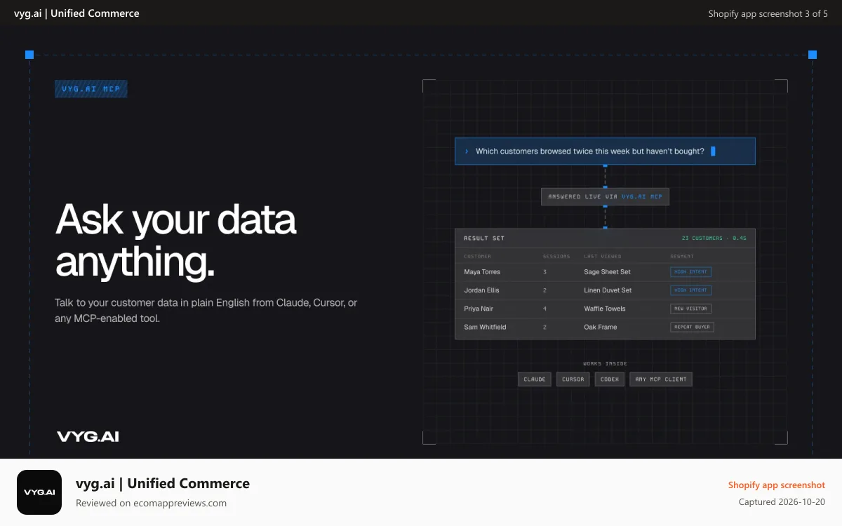 vyg.ai | Unified Commerce Shopify app screenshot: Ask Your Data