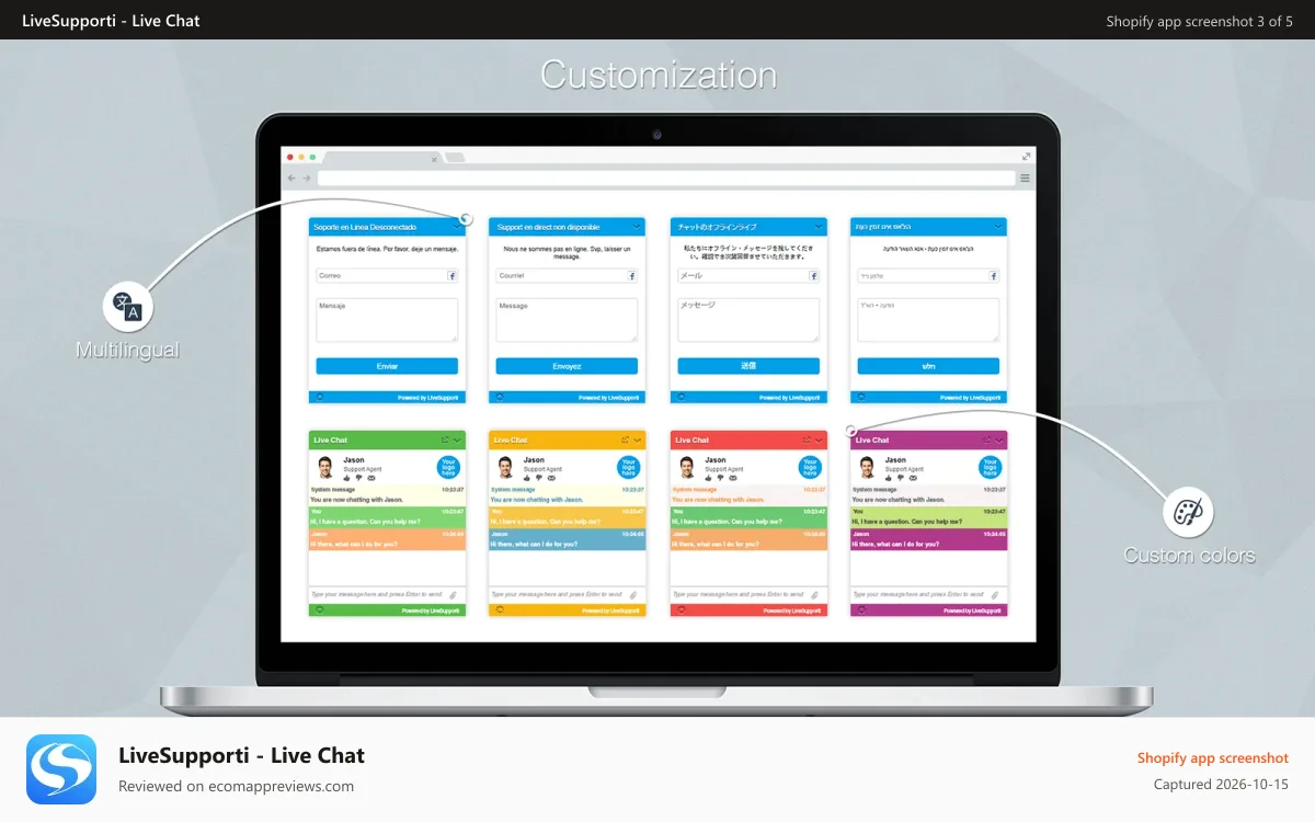 LiveSupporti ‑ Live Chat Shopify app screenshot: Custom colors and multiple languages.