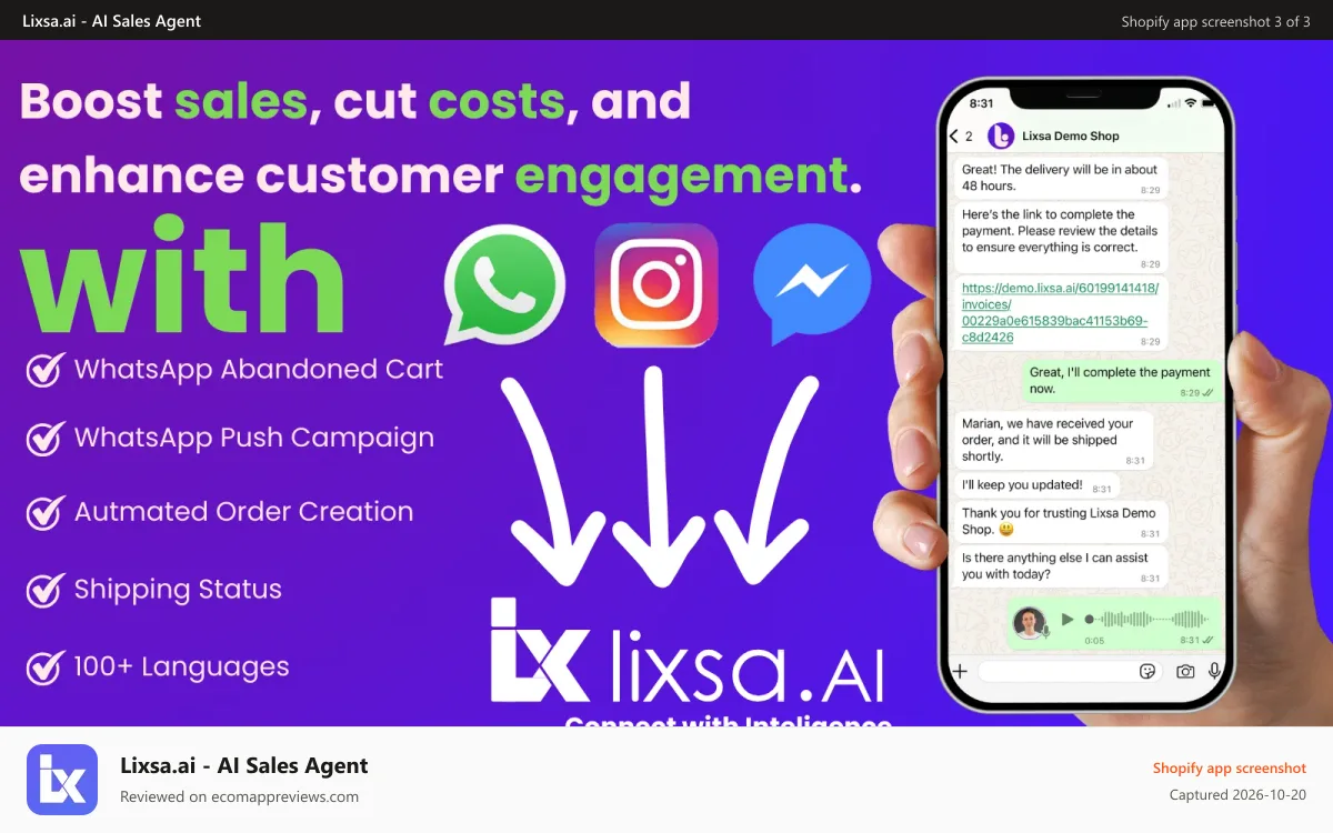 Lixsa.ai ‑ AI Sales Agent Shopify app screenshot: Instagram, WhatsApp, Facebook