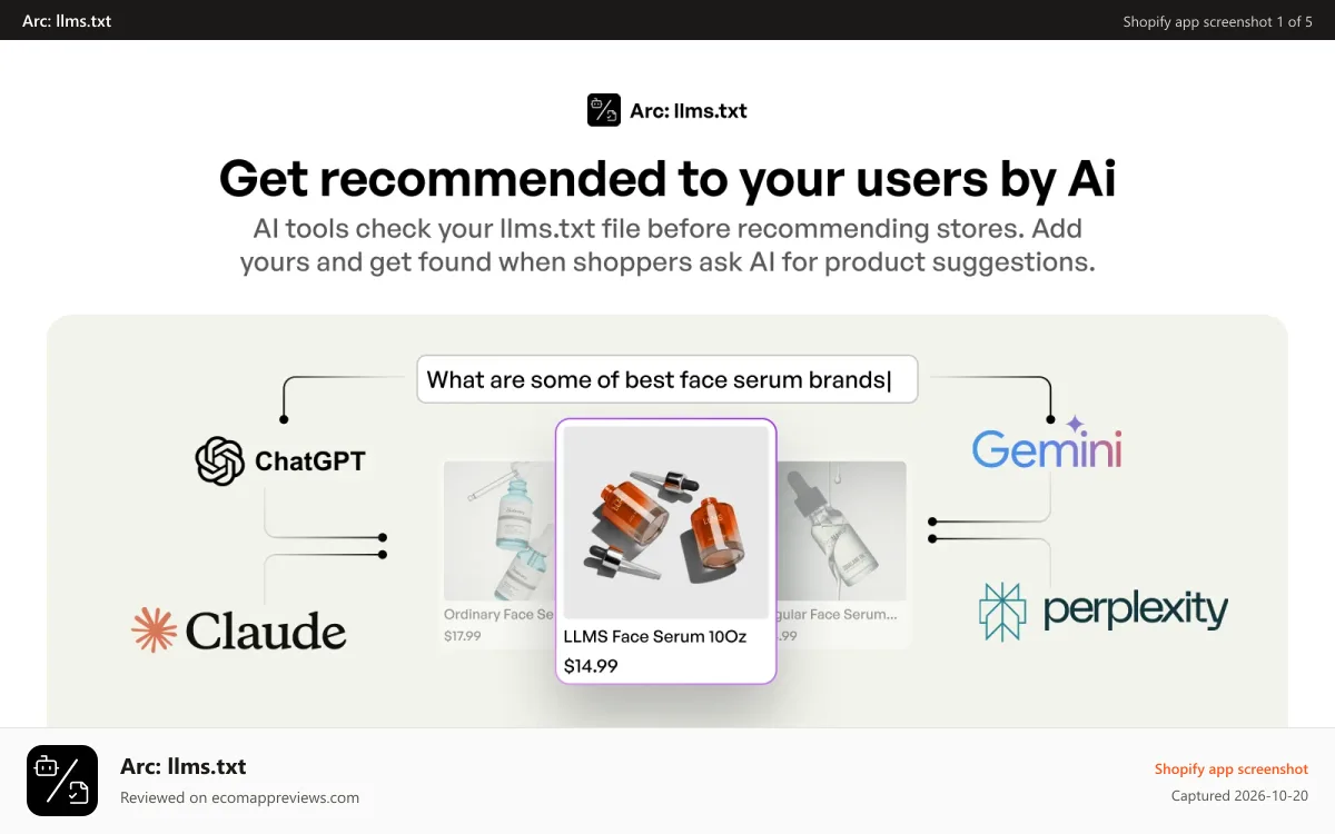 Arc: llms.txt Shopify app screenshot: llms.txt generator