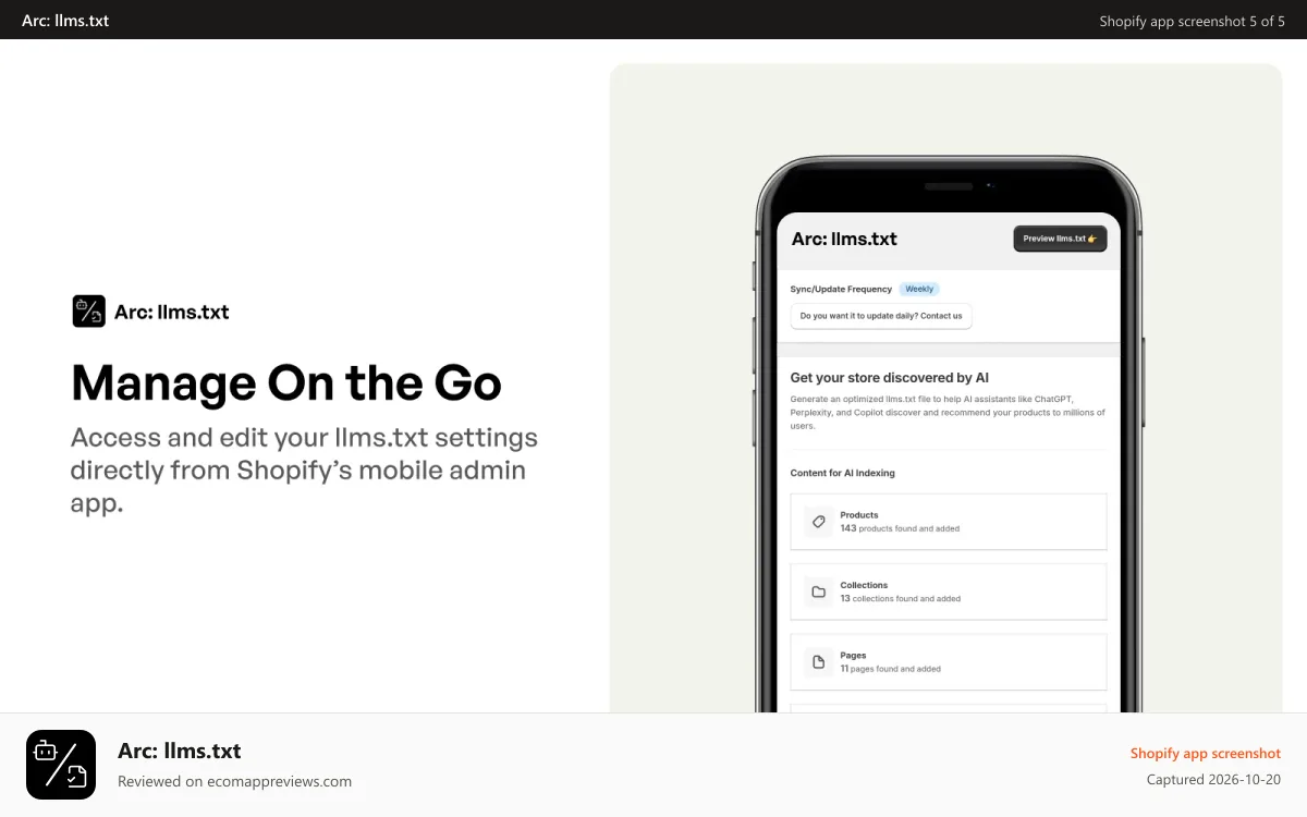 Arc: llms.txt Shopify app screenshot: works on mobile as well