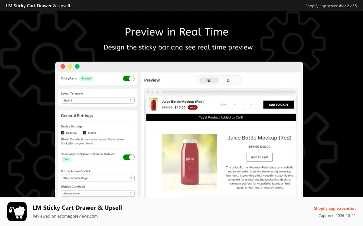 LM Sticky Cart Drawer & Upsell Shopify app screenshot: Preview in Real Time