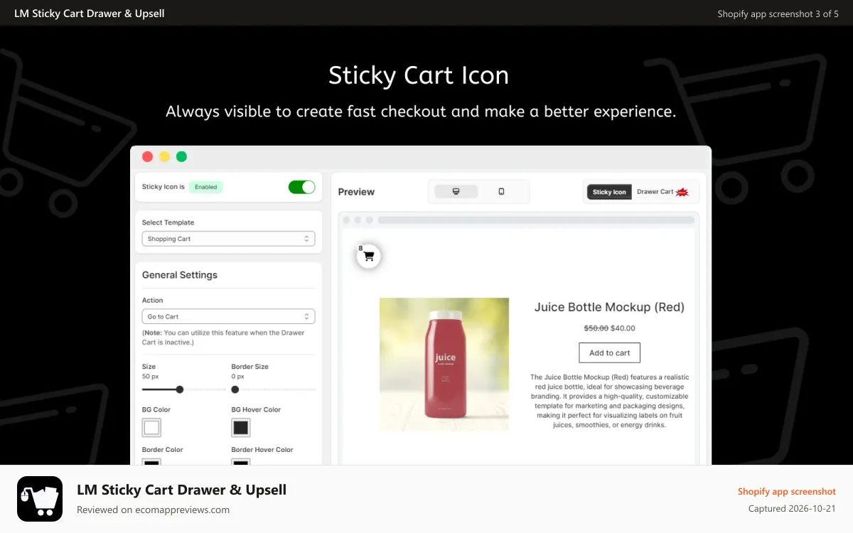 LM Sticky Cart Drawer & Upsell Shopify app screenshot: Sticky Cart Icon