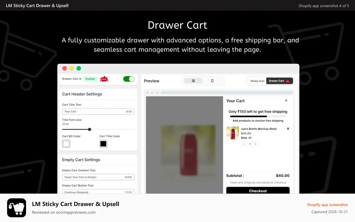 LM Sticky Cart Drawer & Upsell Shopify app screenshot: Drawer Cart