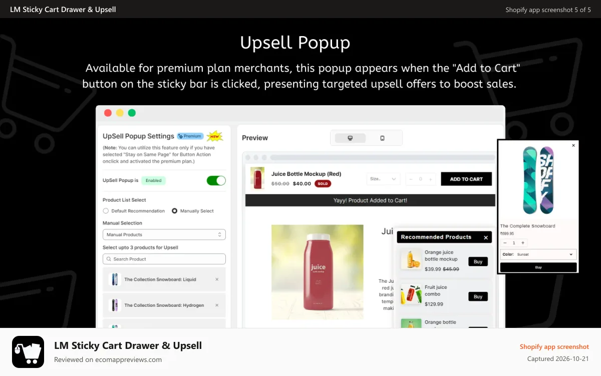 LM Sticky Cart Drawer & Upsell Shopify app screenshot: Upsell Popup
