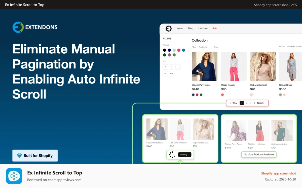 Ex Infinite Scroll to Top Shopify app screenshot: Enable Load More & Show Less Buttons